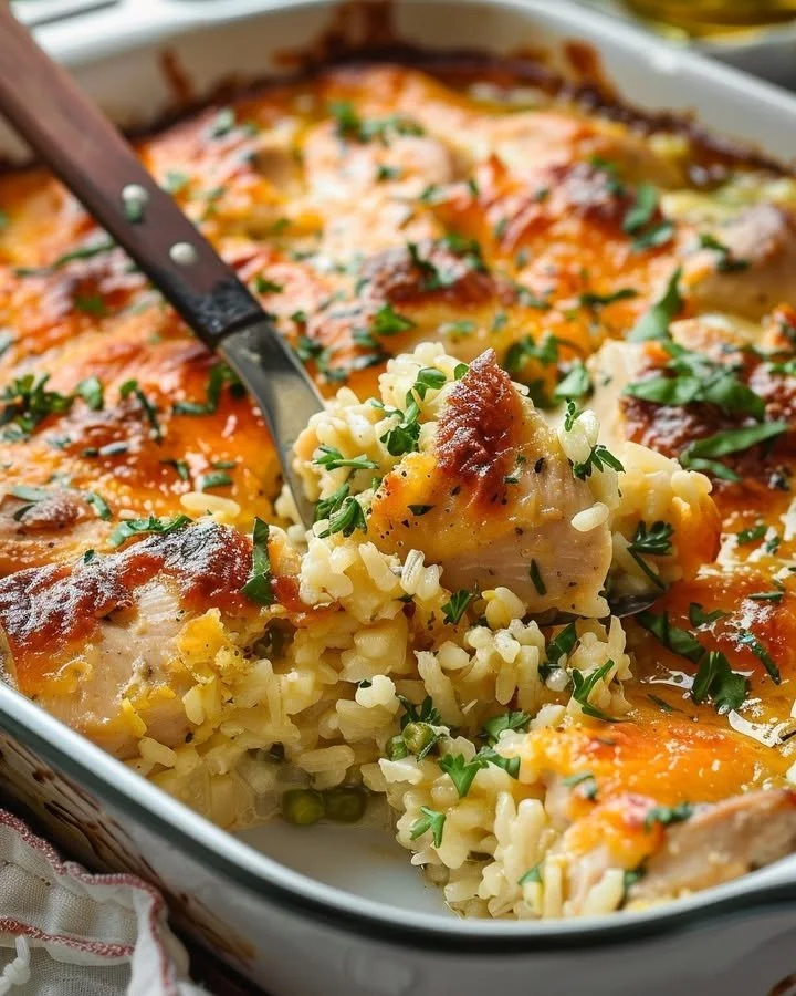Creamy chicken and rice bake dish presented in a casserole dish
