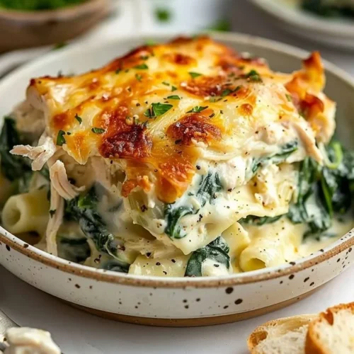 Creamy chicken and spinach casserole dish served in a white bowl