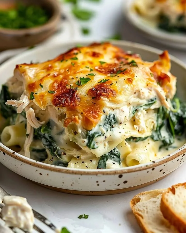 Creamy chicken and spinach casserole dish served in a white bowl