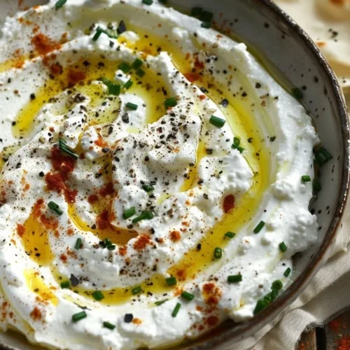 Creamy feta and ricotta dip topped with spicy honey drizzle in a serving bowl
