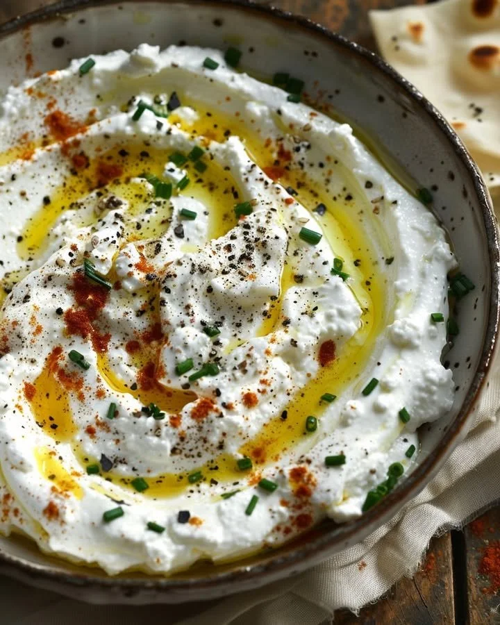 Creamy feta and ricotta dip topped with spicy honey drizzle in a serving bowl