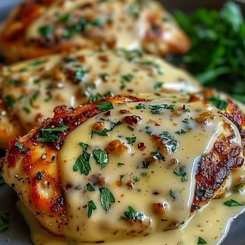 Creamy Garlic Chicken Parmesan dish with chicken, garlic, and cheese.