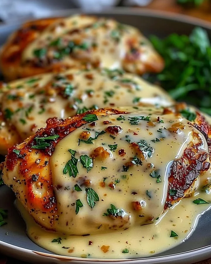 Creamy Garlic Chicken Parmesan dish with chicken, garlic, and cheese.