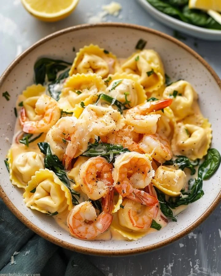 Creamy Lemon Shrimp Tortellini dish garnished with herbs and served in a bowl