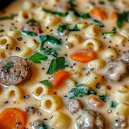 Creamy Parmesan sausage soup with ditalini pasta in a bowl.