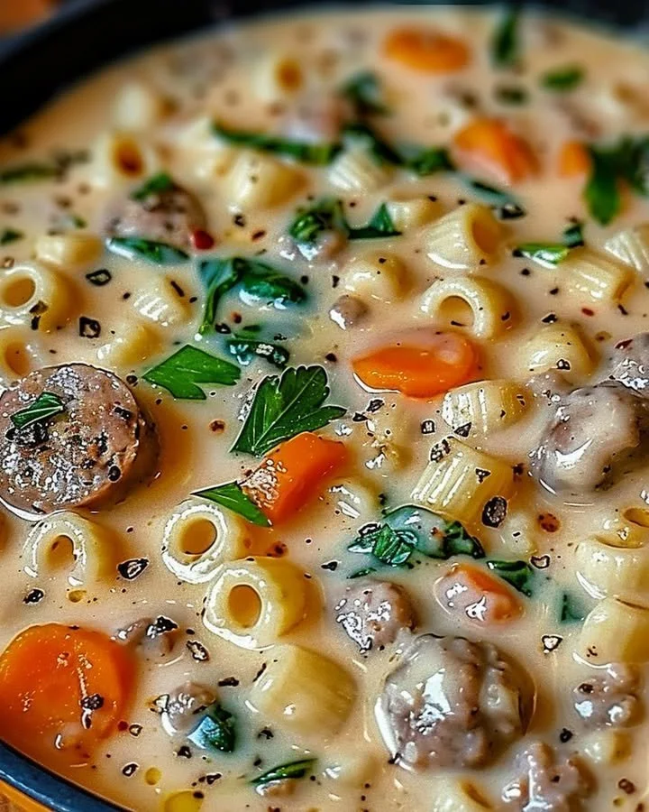 Creamy Parmesan sausage soup with ditalini pasta in a bowl.