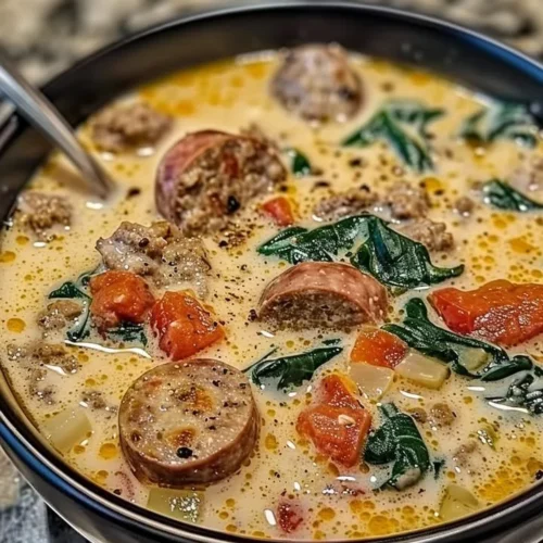 Creamy Parmesan Italian sausage soup in a bowl with garnish