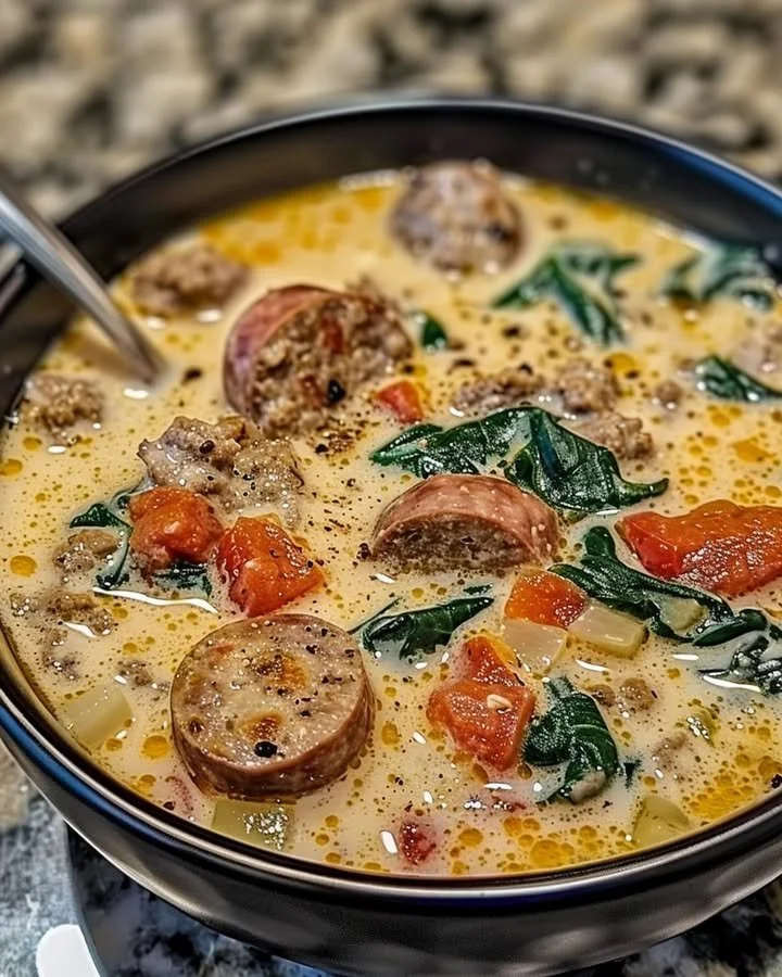 Creamy Parmesan Italian sausage soup in a bowl with garnish