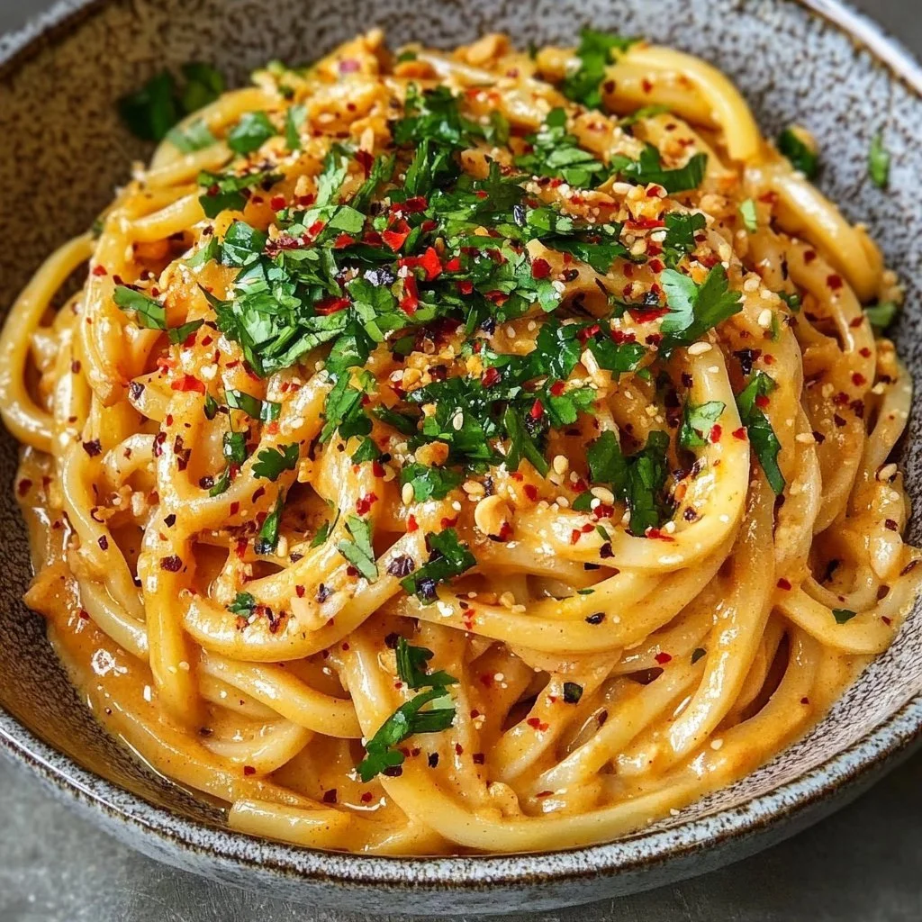 Bowl of creamy peanut udon noodles topped with fresh herbs and peanuts
