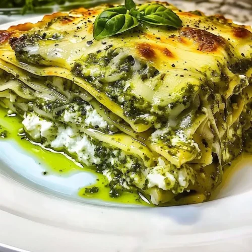 Creamy pesto and ricotta lasagna served in a baking dish