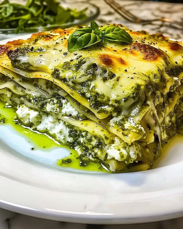 Creamy pesto and ricotta lasagna served in a baking dish