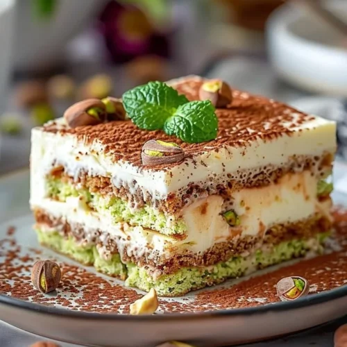 Creamy pistachio tiramisu with layers of flavor and nutty garnish