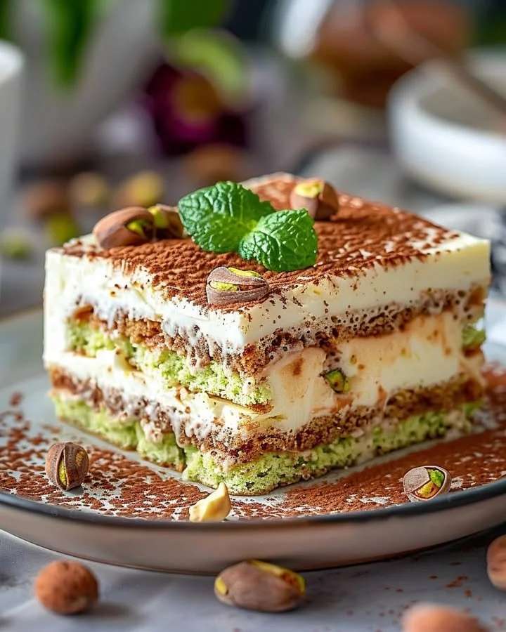 Creamy pistachio tiramisu with layers of flavor and nutty garnish