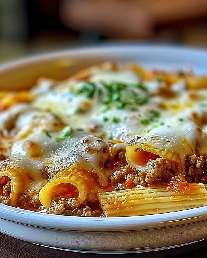 Creamy ricotta beef stuffed shells pasta topped with marinara sauce