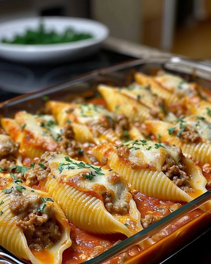 Delicious creamy ricotta beef stuffed shells pasta served on a plate