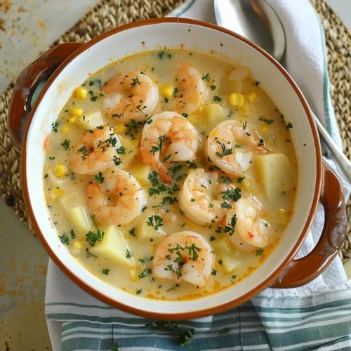 Bowl of creamy shrimp and potato chowder garnished with herbs