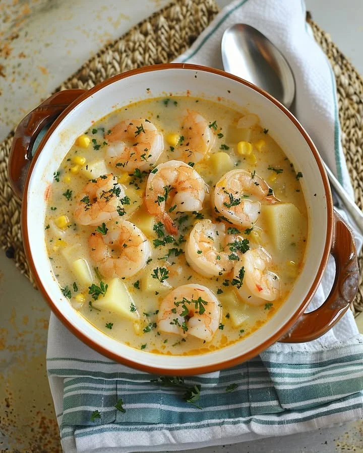 Bowl of creamy shrimp and potato chowder garnished with herbs