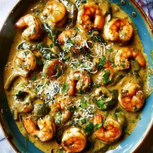 Delicious creamy shrimp poblano served in a bowl with garnishes.
