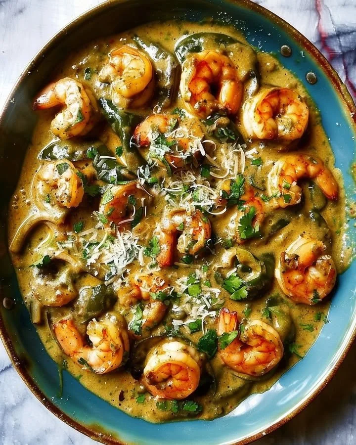 Delicious creamy shrimp poblano served in a bowl with garnishes.