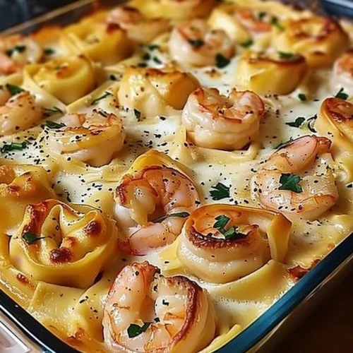 Creamy Shrimp Tortellini Alfredo casserole baked to perfection