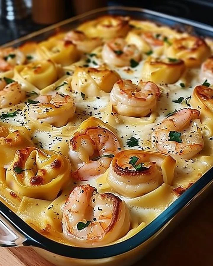 Creamy Shrimp Tortellini Alfredo casserole baked to perfection