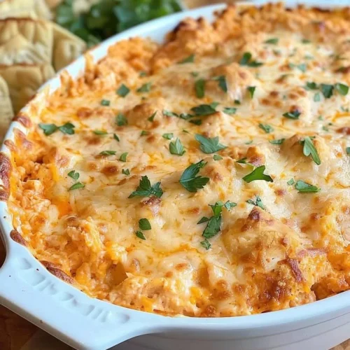 Delicious creamy spicy buffalo chicken dip served with tortilla chips