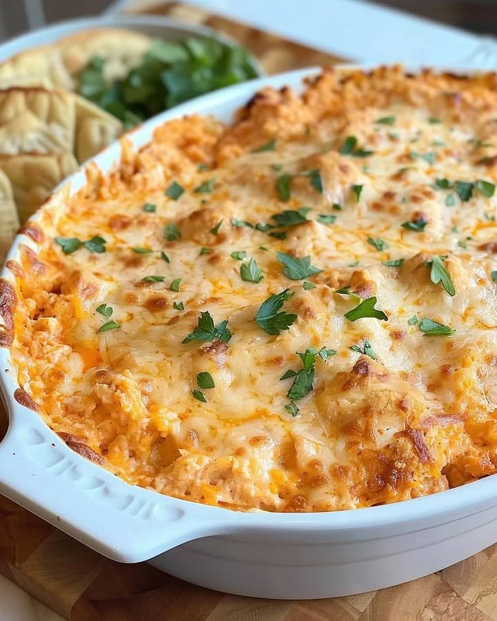 Delicious creamy spicy buffalo chicken dip served with tortilla chips