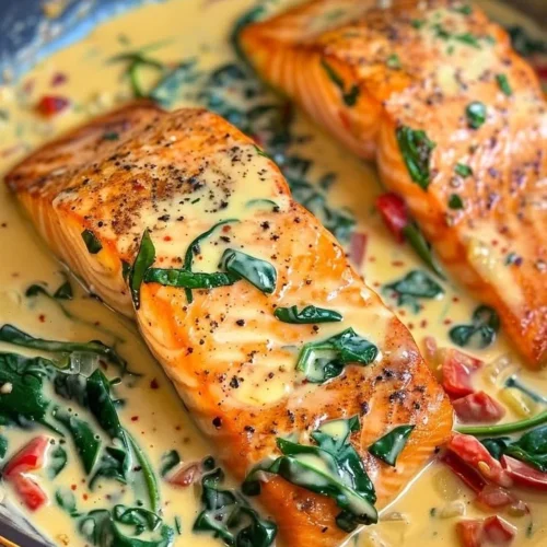 Creamy Spinach and Red Pepper Salmon with Parmesan served on a plate