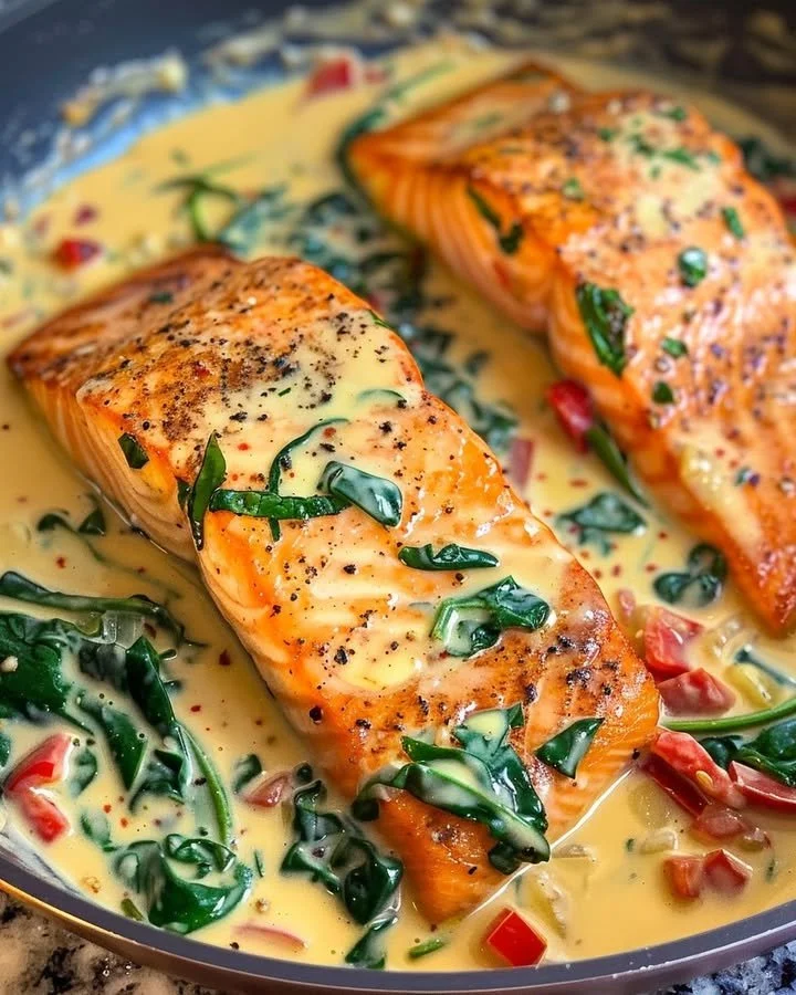Creamy Spinach and Red Pepper Salmon with Parmesan served on a plate