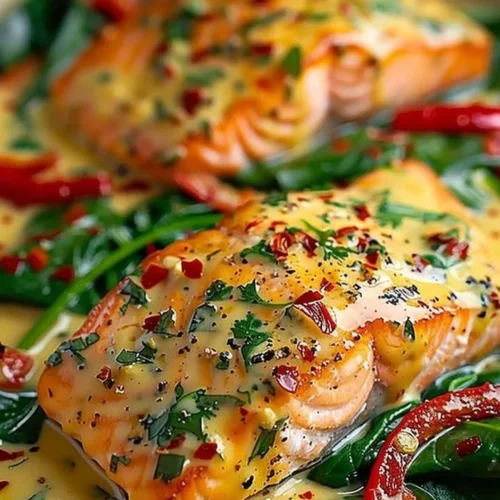 Creamy Spinach and Roasted Red Pepper Salmon plated with fresh vegetables