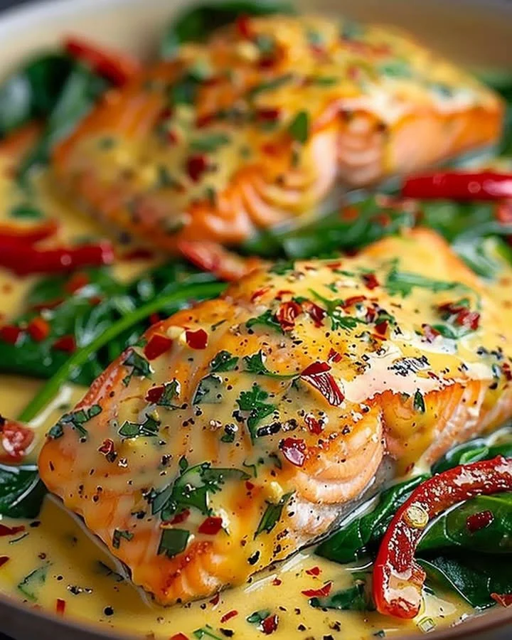 Creamy Spinach and Roasted Red Pepper Salmon plated with fresh vegetables