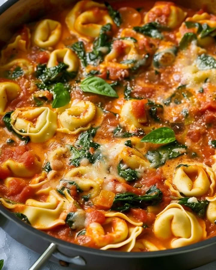 Creamy tomato basil tortellini skillet served in a rustic bowl