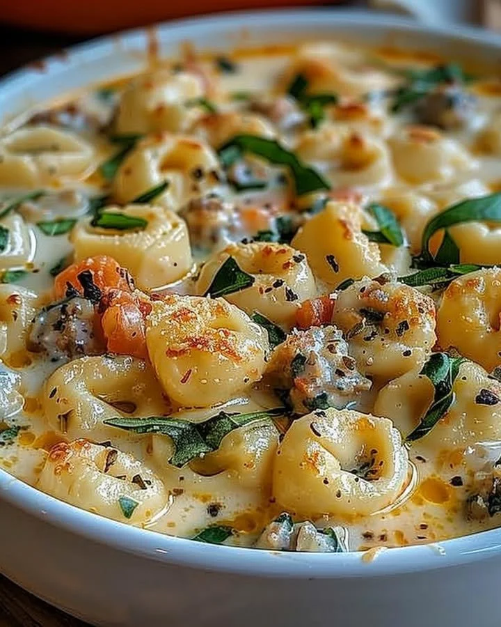 Creamy tortellini alfredo casserole baked to perfection with cheesy goodness.
