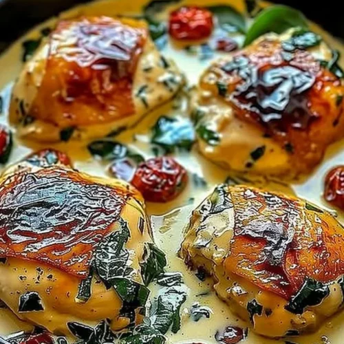 Creamy Tuscan chicken thighs in a one pan dish, garnished with herbs