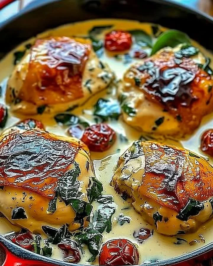 Creamy Tuscan chicken thighs in a one pan dish, garnished with herbs