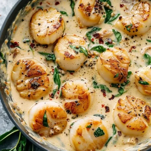 Delicious creamy Tuscan garlic scallops served with herbs and sauce