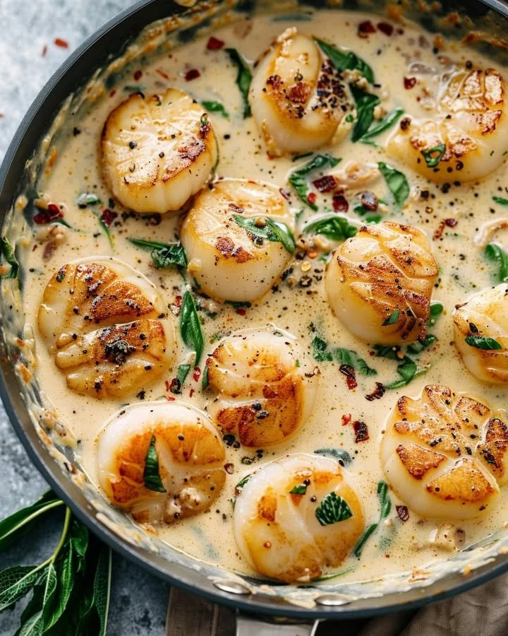 Delicious creamy Tuscan garlic scallops served with herbs and sauce