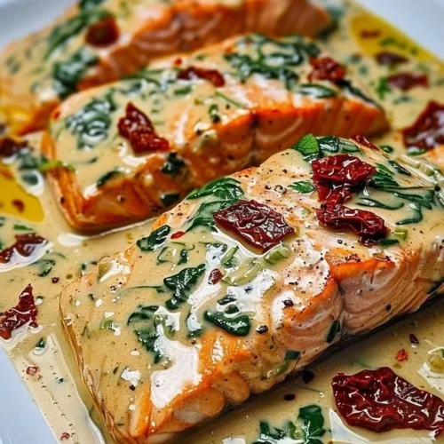 Creamy Tuscan Salmon served with vibrant vegetables and creamy sauce