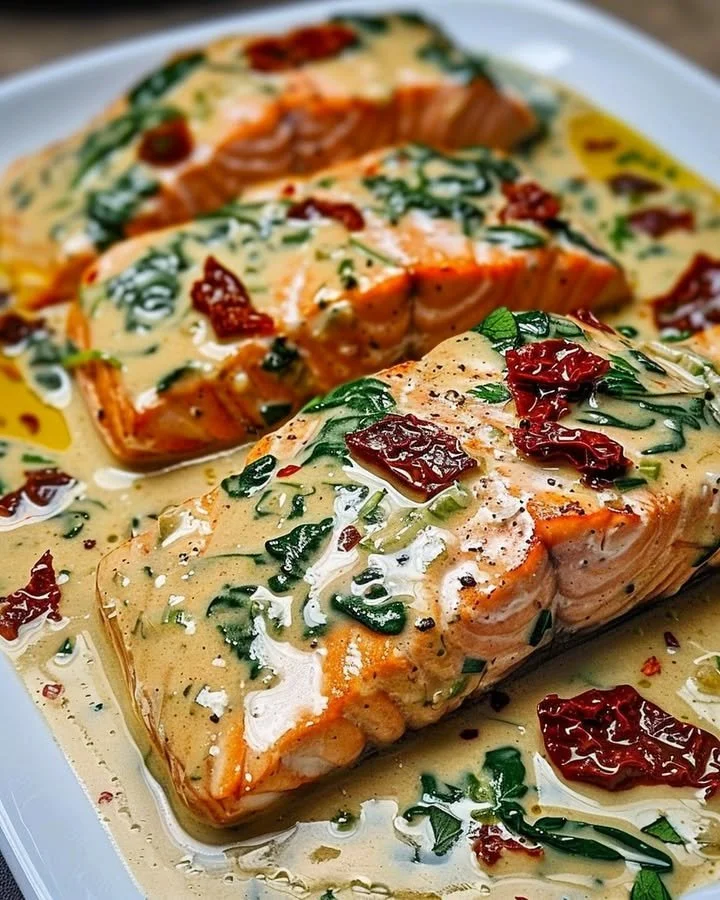 Creamy Tuscan Salmon served with vibrant vegetables and creamy sauce