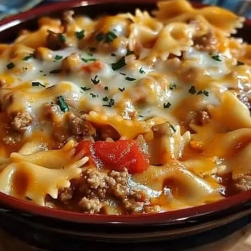 Creamy Velveeta ground beef bowtie pasta served in a bowl
