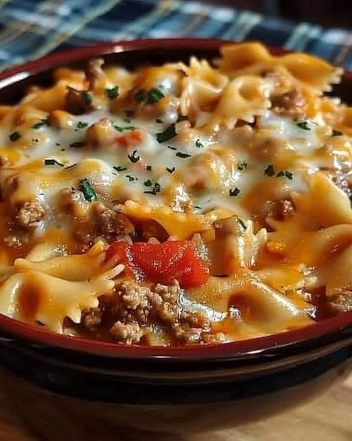 Creamy Velveeta ground beef bowtie pasta served in a bowl