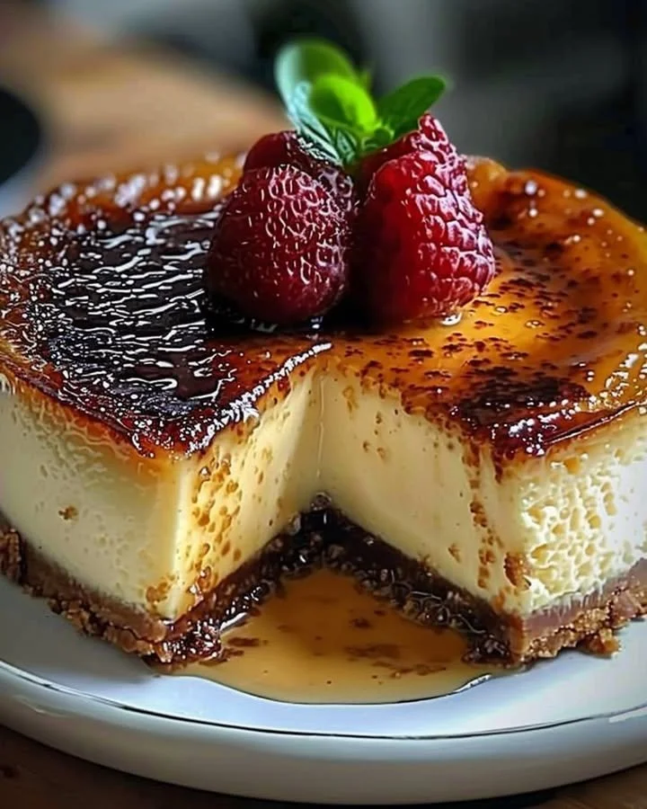 Delicious Crème Brûlée Cheesecake with caramelized sugar topping