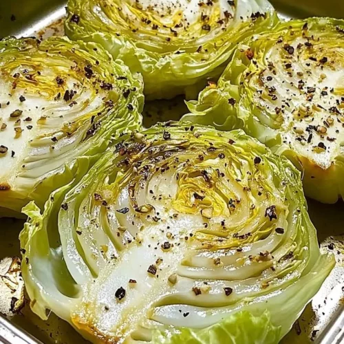 Crispy baked cabbage steaks garnished with herbs and spices on a baking sheet