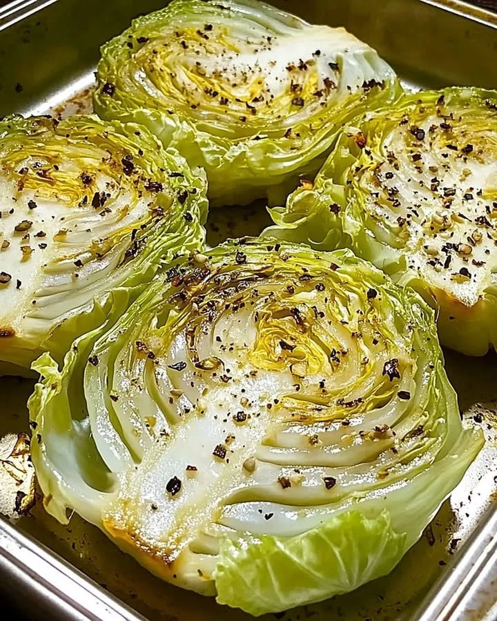 Crispy baked cabbage steaks garnished with herbs and spices on a baking sheet