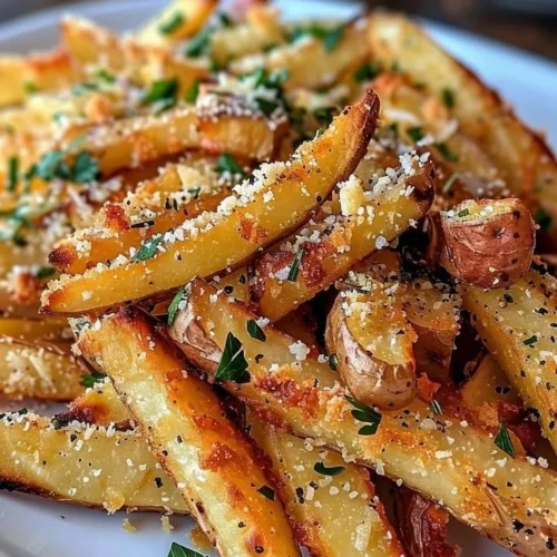 Plate of crispy baked parmesan garlic fries with herbs and spices