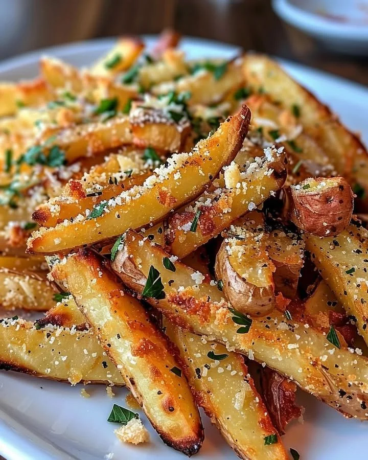 Plate of crispy baked parmesan garlic fries with herbs and spices