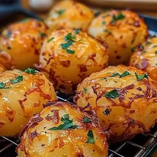 Crispy garlic butter potato bombs drizzled with cheese