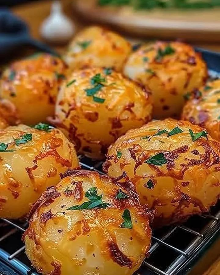 Crispy garlic butter potato bombs drizzled with cheese