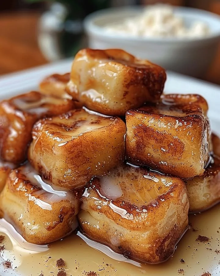Plate of crispy cinnamon roll French toast bites with maple glaze