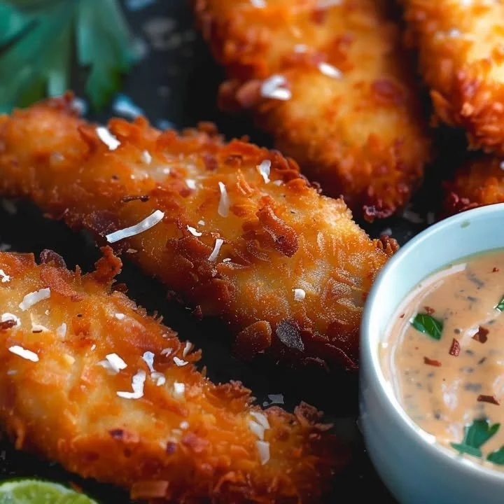 Crispy coconut chicken tenders served with a dipping sauce